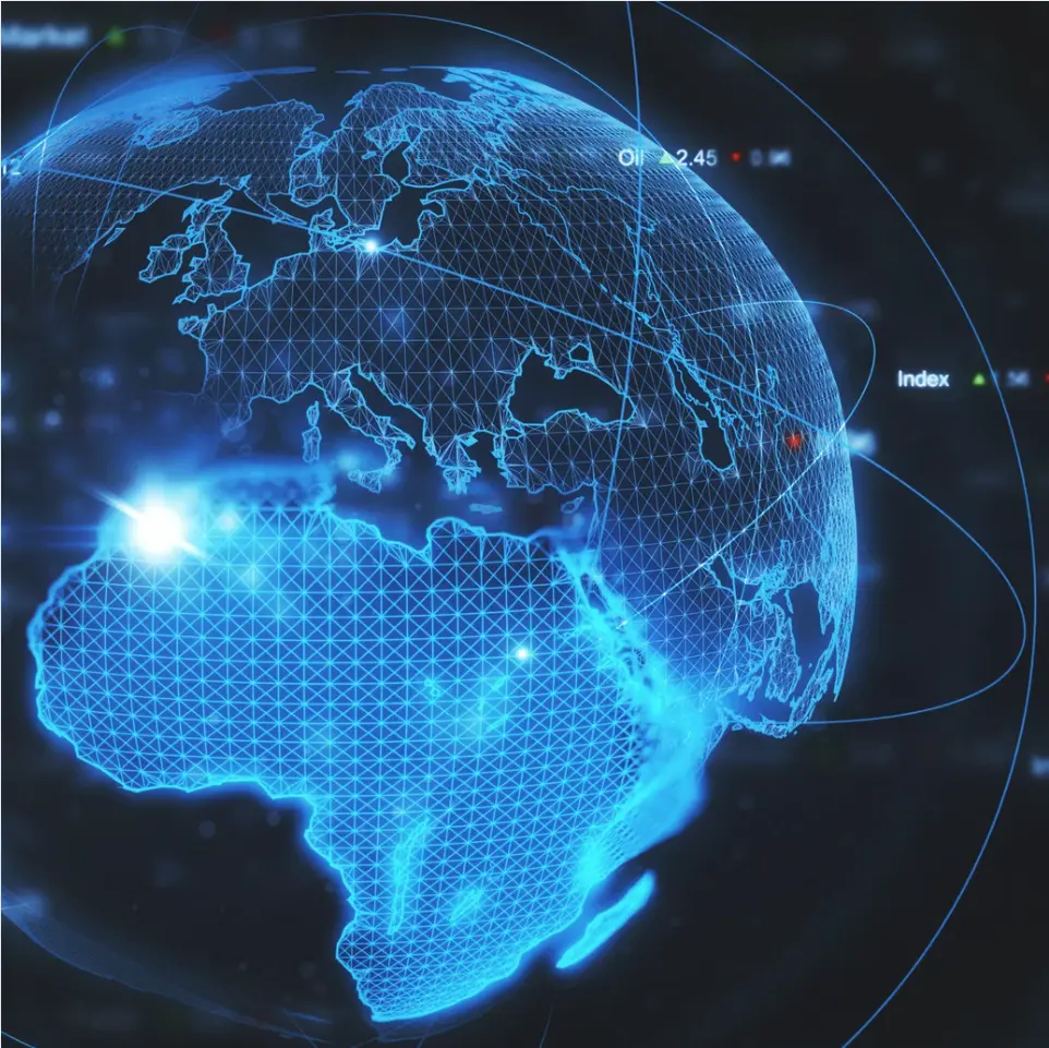 Stock image of digital rendering of Earth, apparently connected by IT nodes